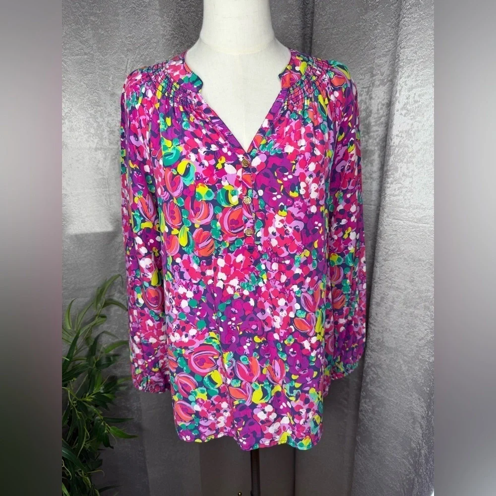 Lily Pulitzer Women’s Elsa Multicolor Wild Confetti Print Silk Blouse Sz M